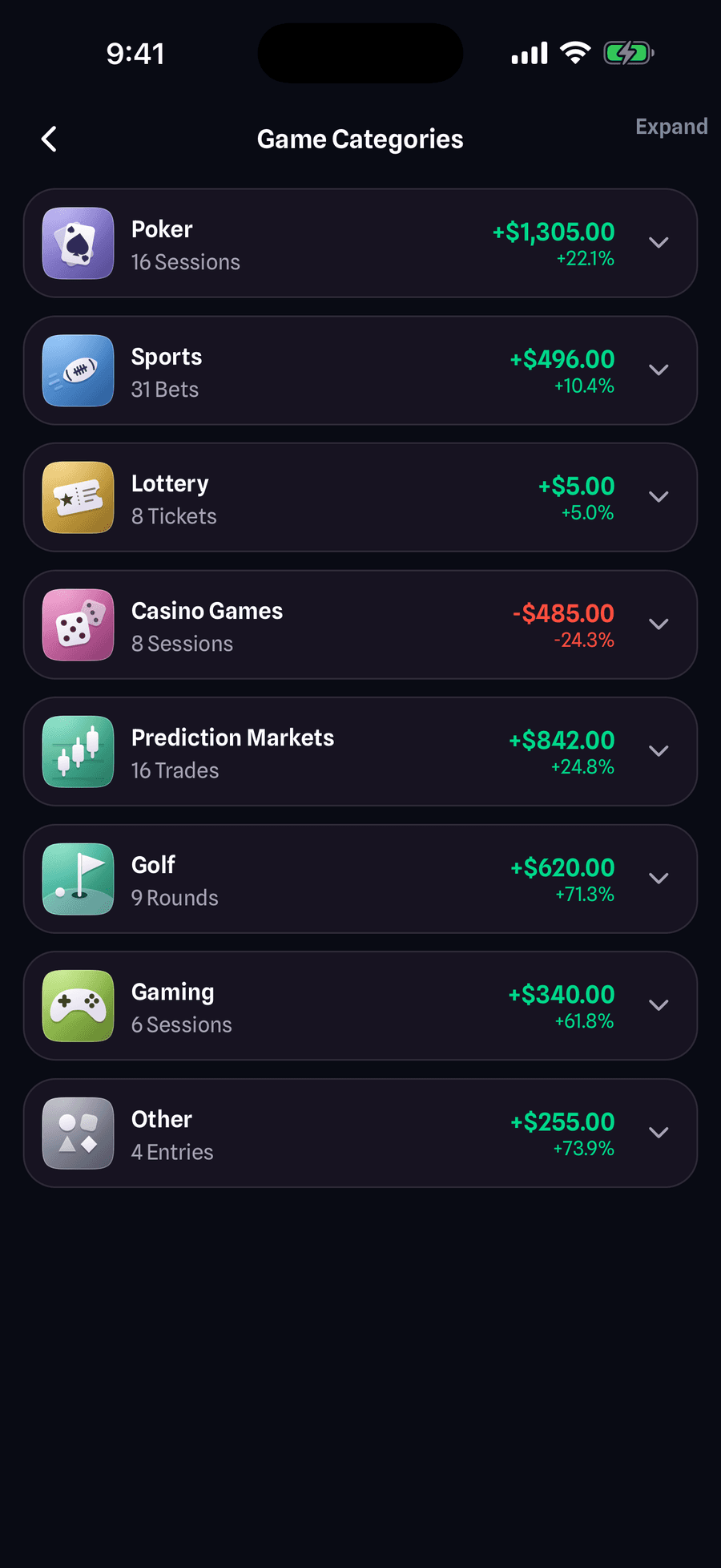 SeedStake Game Categories screen listing all eight categories with each one's net result