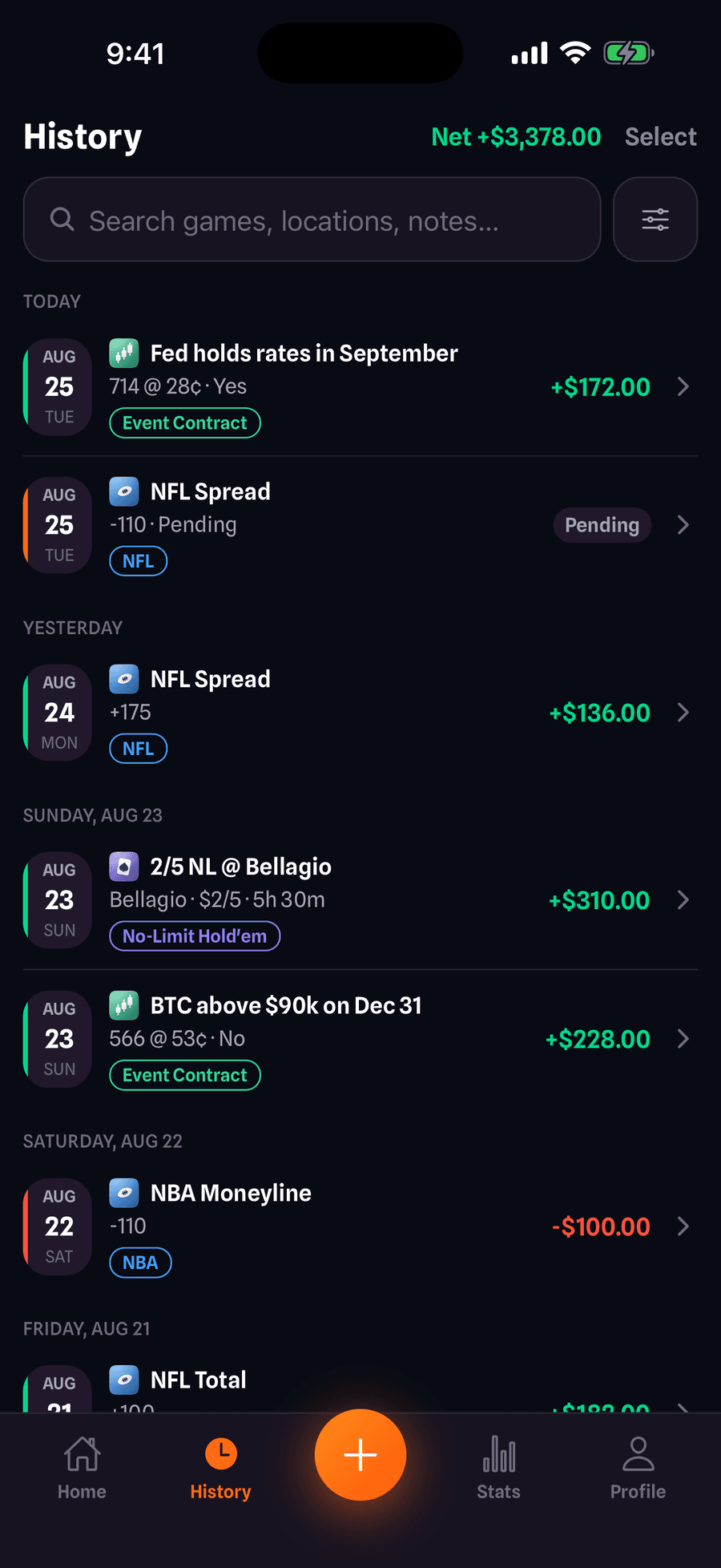 SeedStake history screen listing logged entries grouped by date with running net total and search